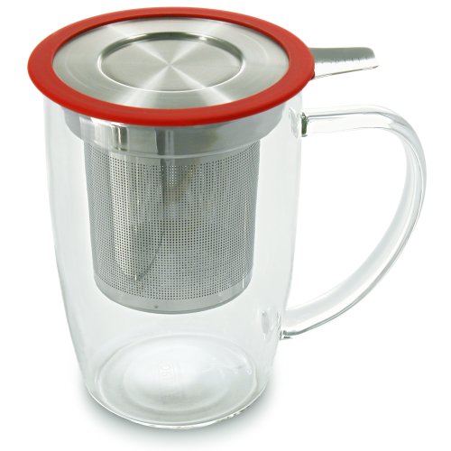 FORLIFE NewLeaf Glass Tea 16-Ounce Mug with Infuser and Lid, Red
