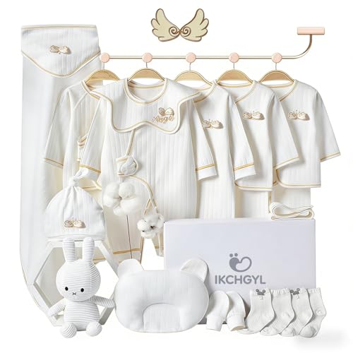 22 PCS Newborn Baby Gift Box Unisex Newborn 4-Season Style Clothing Set with Bibs Hat Blanket Socks Rabbit Doll Premium Cotton 0-3 Months White 1 Baby Essentials Set
