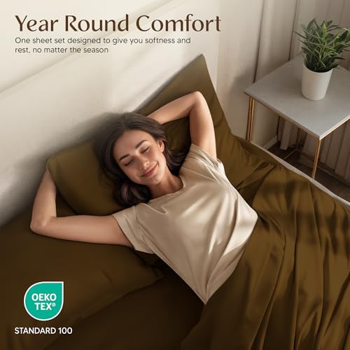 Image of Utopia Bedding Queen Size Sheet Set - 4 Piece Bed Sheets, Soft and Breathable Microfiber, Includes 1 Fitted Sheet, 1 Flat Sheet and 2 Pillowcases - Oeko Tex (Mocha)