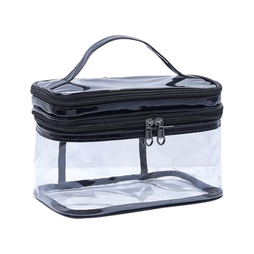 GSHLLO Double Layer Clear Cosmetic Bag Dual Layer Makeup Organizer Bag Waterproof Travel Toiletry Bags Transparent Toiletry Organizer PVC Skincare Storage Bags Portable Make Up Brush Holder Black