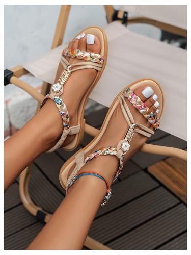 SweatyRocks Women's Flower Braided Flat Sandals Elastic Ankle Strap Vacation Sandals3
