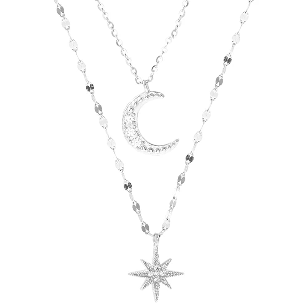 S925 Stern Mond Doppel Halskette Frauen Schlüsselbein Kette Glänzende Diamant Schmuck Zubehör