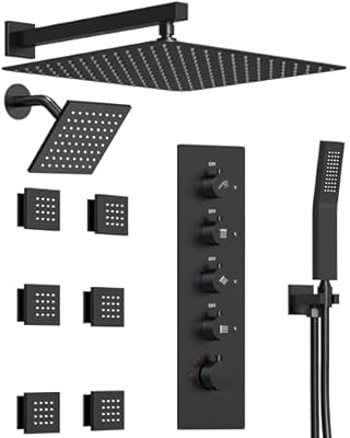 GRANDJOY Dual Rainfall Shower head System, 16" Wall Mount Bathroom Shower Faucet with Handheld Sprayer & 6 Body Jets, Matte Black