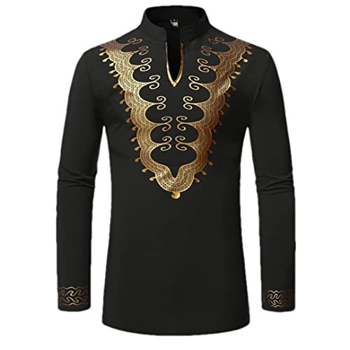 Chemise africaine noire avec imprimé métallique doré chic col montant