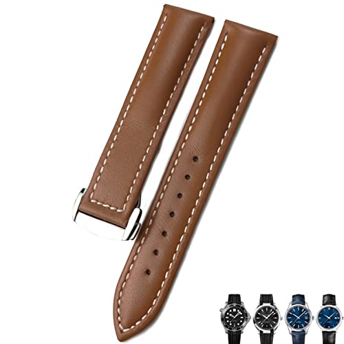 Bracelet de montre cuir 21mm marron VELORE compatible Omega Speedmaster et Seamaster 300 boucle argent