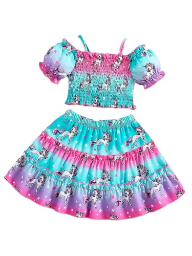 Image of Girls Outfits Puff Sleeves Off Shoulder Crop Tops and Ruffle Flared Hem Skirt Set Toddler Summer Clothes