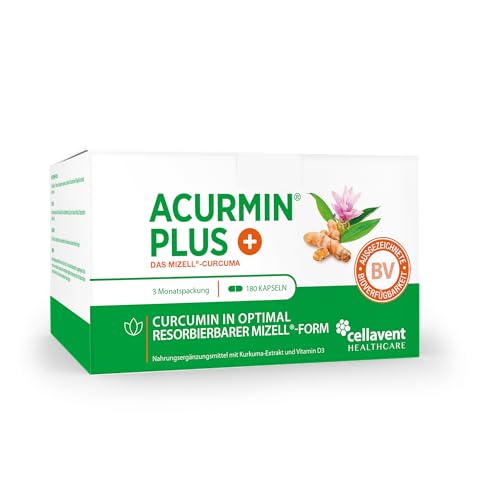 185x effektivere Kurkuma Kapseln - 10.000 mg Kurkuma Pulver/Tag - Kurkuma hochdosiert ohne Piperin - Mizell Curcuma - 95% Curcumin - mit Vitamin D3 für Knochen - Acurmin PLUS (180 Kapseln (3er Pack))