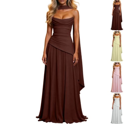 Robe demoiselle d'honneur longue plissée à bretelles spaghetti et taille haute pour mariage