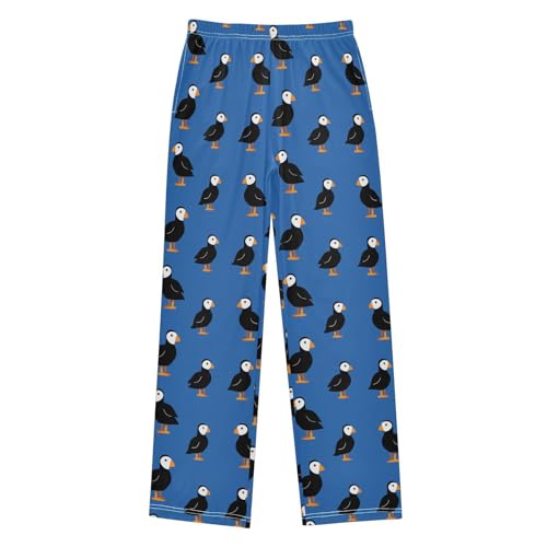 Cartoon Puffins Blue Pattern Pajama Pants Soft PJ Bottoms Lounge Pants for Sleepwear Sport Size 6-14 Years