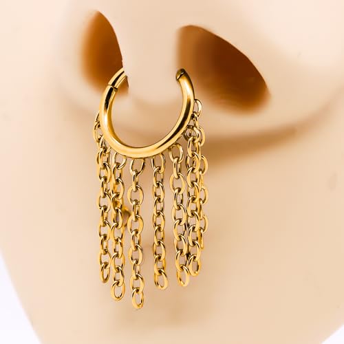 FLOGWE 16G 316L Hinged Septum Ring Dangle Chain Nose Ring Surgical Steel Daith Earrings Conch Daith Rook Tragus Piercing Jewelry Small Hoop Earring