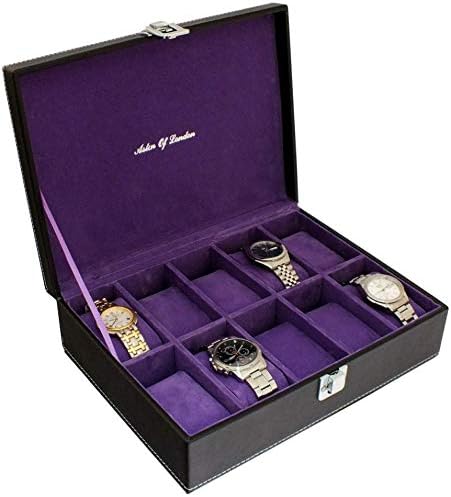 Astin Of London® Gents Black PU Leather 10 Watch Box Storage Case with Purple Interior