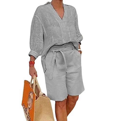 Womens 2023 Cotton Two Piece Set Outfits Casual Summer 3/4 Sleeve V Neck Shirts Belted Shorts with Pockets Medium Grey
