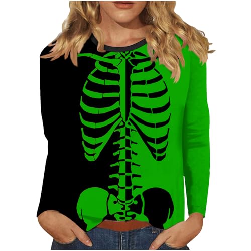 Camisetas femininas esqueleto verão outono manga longa gola canoa feriado halloween kawaii camiseta