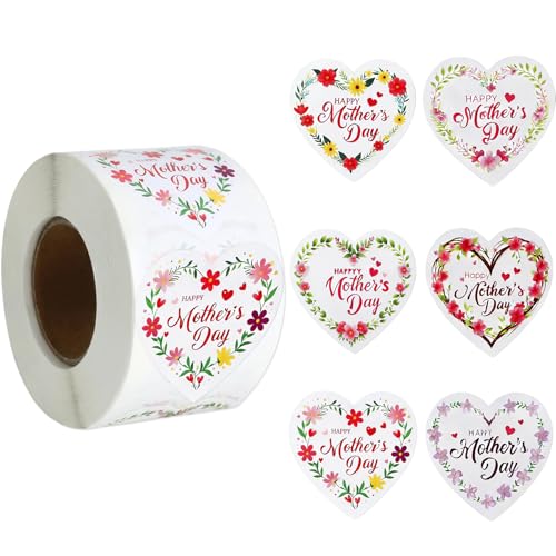 Happy Mothers Day Stickers(1.5 Inch) for Kids 500 PCS Mother's Day Mom Roll Flower Stickers Bulk Cute Pink Red Floral Heart Sticker Labels for Envelope Gifts Wrap Party Favors Supplies Decorations