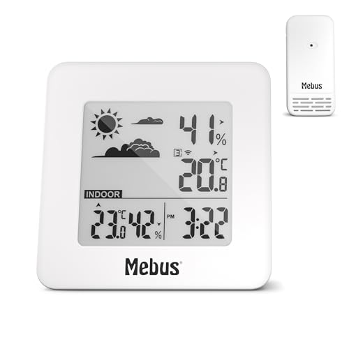 Mebus Radio-Controlled Weather Station with Outdoor Sensor, Thermometer/Hygrometer (Indoor/Outdoor), Feel-Good Indicator, Room Climate, Alarm Clock, White, 40913