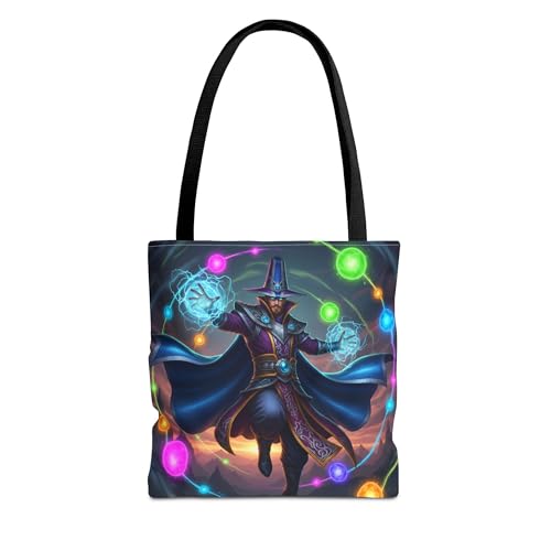 Premium Tote Bag with Reinforced Stitching - A Colorful Sorcerer Floating with Neon Orbs
