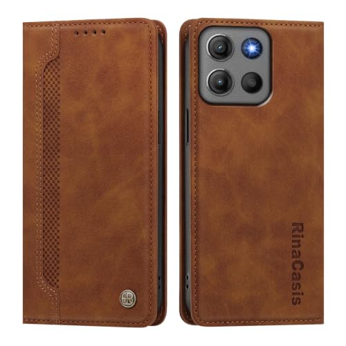 rongki Leather Case for Motorola Moto G15, Premium Synthetic Leather Magnetic Closure Folio Case with Soft TPU Inner Shell Card Slots Kickstand Phone Case for Motorola Moto G15, Brown