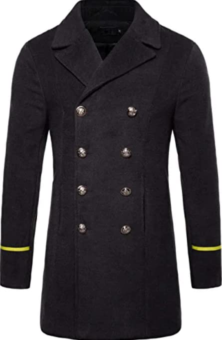 Men's Vintage Stripe Cuff Double Breasted Mid Long Wool Pea Coat |Dark Gray |M-image-32