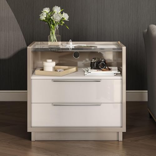 Image of AMERLIFE Nightstand Set of 2, 23.6 inch High Gloss End Table with Glass Tabletop, Modern Bedside Table with Charging Station, 2 Drawers Nightstand for Bedroom, Cream & Gray