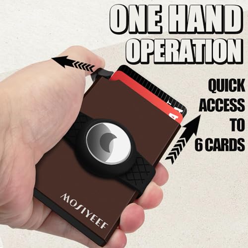 MOSIYEEF Pop Up Wallet with Holder for AirTag - Stealth Wallet RFID Blocking Metal Slim Card Case Holds 15 Cards and Notes (Brown)3