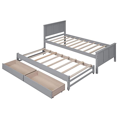 Twin Bed Frame With Trundle And Drawers, Wood Captain Bed With Storage, Kids Platform Bed With Headboard For Girls Boys Teens, No Box Spring Needed, Gray #TOP3