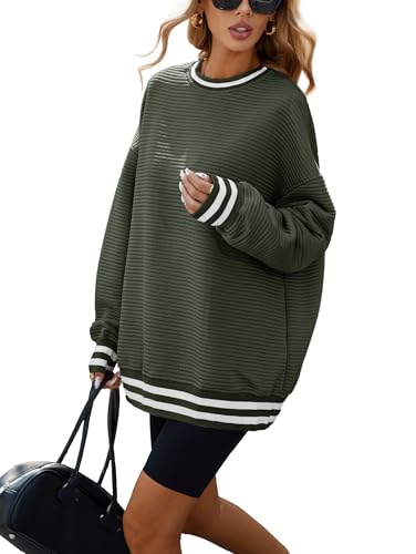 Famulily Women Oversized Texture Sweatshirt Long Sleeve Football Tops Casual Stylish Workout Shirt Army Green M