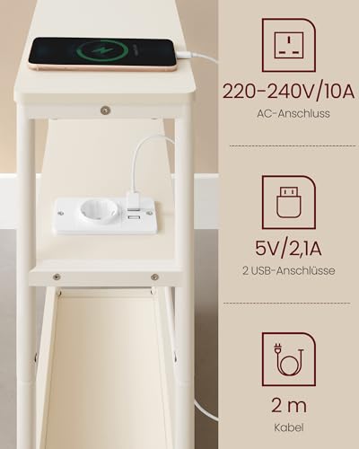 VASAGLE Beistelltisch schmal, Nachttisch mit Ladefunktion, Couchtisch klein, 3 Ablagen, Zeitschriftenhalter, für Wohnzimmer, Schlafzimmer, Arbeitszimmer, cremeweiß LET335W02