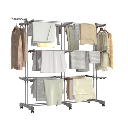 IDMarket - Séchoir à Linge Vertical Pliable et Extensible 3 Niveaux Maxi capacité 40M INOX et Gris