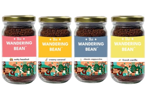 Image of The Wandering Bean Combo Pack Flavored Instant Coffee (Hazelnut + Caramel+ French Vanilla+ Cappuccino) Combo of (4x60g)