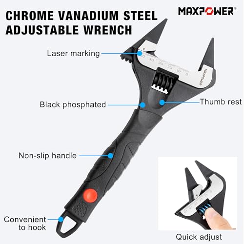 Image of MAXPOWER Slim Adjustable Wrench Set, 6 inch & 10 inch Wide Jaw Opening, Dual Scale With Metric and SAE Plumbing Wrenches, Deep Jaw With Soft Grip Handle