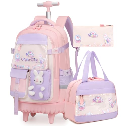Rolling Backpack for Girls, Kawaii Bunny Roller Wheels School Backpacks with Lunch Bag Pencil case, Wheeled Suitcase Bookbag for Elementary Travel Pink