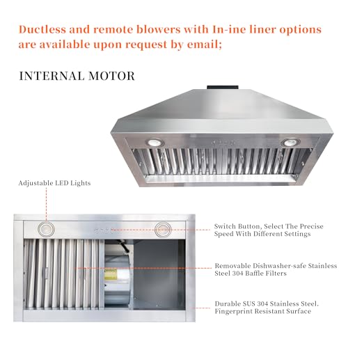 Image of SINDA Black Stainless Steel Range Hood with 4-Speed Vent Hood Insert Handmade Metal Kitchen Fan with Pot Rail LED Light 30 inchW x21 inchD x27 inchH Wall Mount