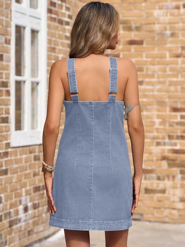 Image of Yousify Womens Casual Sleeveless Denim Overalls Dresses Button Down Summer Jean Mini Dress 2025 Trendy Romper With Pockets