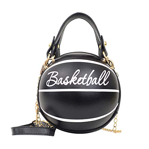 Fiorky Sac à bandoulière rond en forme de ballon de basket pour femme avec chaîne et fermeture éclair - Mini sac à main rond en polyuréthane pour filles, Basketball noir. Blanc Cover