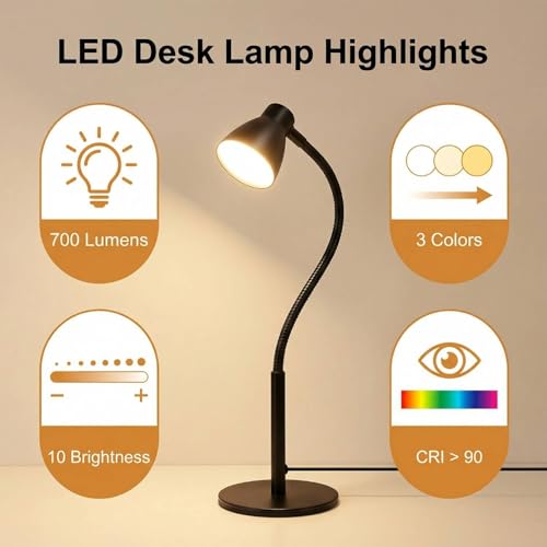 CeSunlight LED Desk Lamp for Home Office with USB Powered Cable, CRI>90, 3 Color Modes and 10 Brightness Levels, 6W Flexible Gooseneck Desk Light for Reading, Office Lighting, Working and Study - Image 3