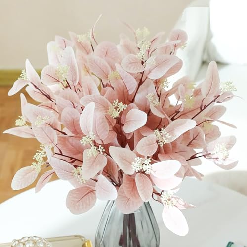 Image of TIED RIBBONS Pack of 6 Artificial Eucalyptus Flowers Bunches (Pink, 19.6 Inch) - for Vase Pot Home Decoration Home Decor Living Room Side Table Centerpiece (Vase not Included)