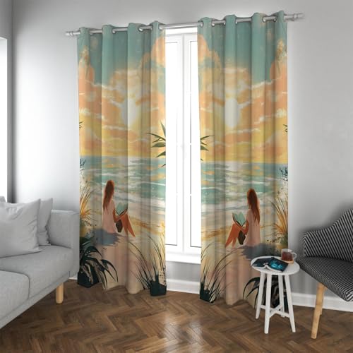 UIRINGART Nubes anaranjadas Cortinas Opacas Playa Paisaje del Amanecer Cortinas con Aislamiento térmico Niña de Lectura Cortinas de Ventana para Sala de Estar Dormitorio 2 Paneles H229xB168
