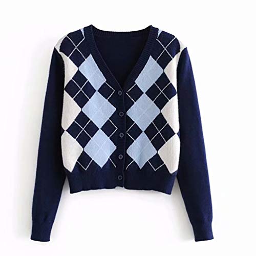 Cardigã de malha feminino Meladyan com estampa Geo Argyle Y2K gola V abotoado estilo Inglaterra, Nav