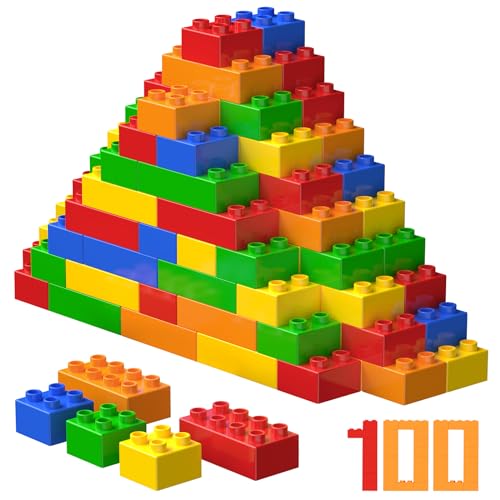 WYSWYG Große Bausteine-Set, 100 Teile Steine in 5 Farben, Kompatibel zu Allen Anderen Herstellern- Ideal für Kinder ab 2 3 4 Jahre