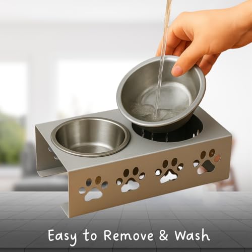 Image of Metal Silver Stylish Dog Bowl Stand | 2 Stainless Steel Bowls for Raised Dogs & Cats | Elevated Dog Food Removable Bowls | Pet Feeder & Water Dispenser for All Breeds Paw Design (Set of 2, each 900ml)