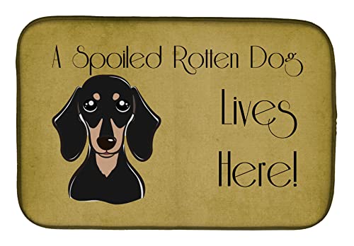 Caroline's Treasures BB1463DDM Smooth Black and Tan Dachshund Spoiled Dog Lives Here Dish Drying Mat Absorbent Dish Drying Mat Pad for Kitchen Counter Dish Drainer Mat for Countertop, 14 x 21", Multic