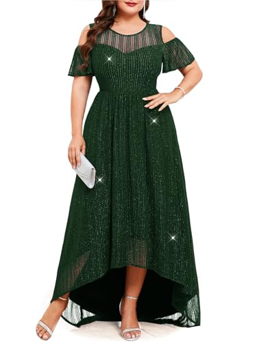 Image of ZOMVA Plus Size Sparkly Mesh Maxi Dress Cold Shoulder Ruffle Sleeve High Low A Line Dresses Wedding Guest Cocktail Party
