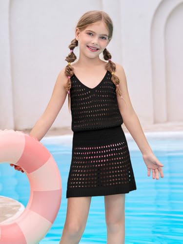 Image of Haloumoning Girls Sleeveless Crochet Swimsuit Cover Up Kids Summer Hollow Out Knitted Beach Dress 7-14 Years