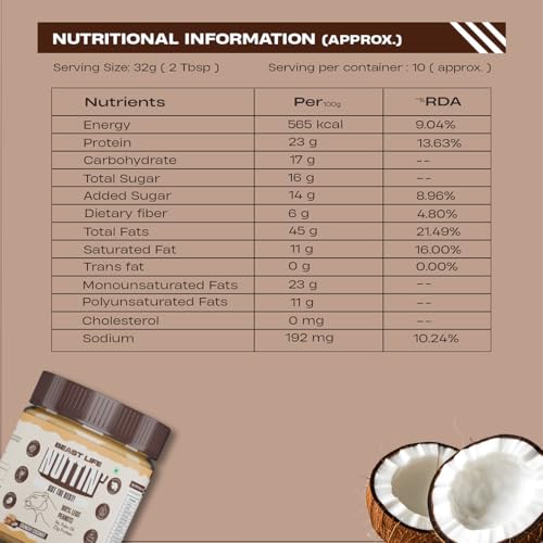 Image of BeastLife Crunchy Coconut Peanut Butter | 24.5 G Protein | 350 gm | 100% Peanuts, High Protein | Zero Palm Oil | Non‑GMO Nut Butter | Fitness-Friendly Spread | Zero Cholesterol