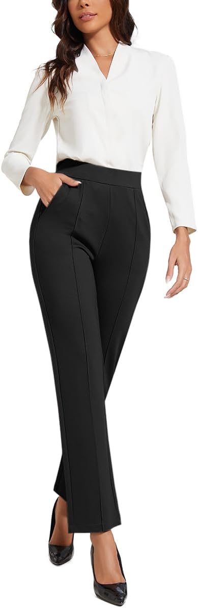Women's Classic Stretchy Pull On High Rise Pants Straight Leg Slacks - Image 5