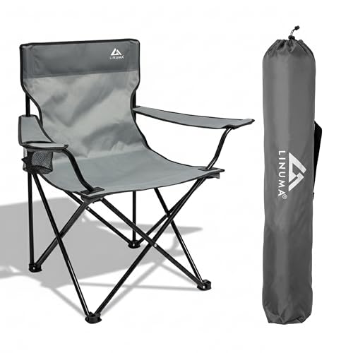 LINUMA Sedia pieghevole da campeggio, da pesca, con portabibite e borsa per il trasporto, pieghevole, da giardino, pieghevole, da pesca (1, grigio)