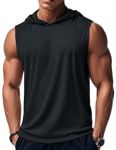 MAGCOMSEN Black Sleeveless Shirt Men Hooded Tank Tops Muscle T Shirts Summer Cotton Tank Tops Casual Black T Shirts Black,M