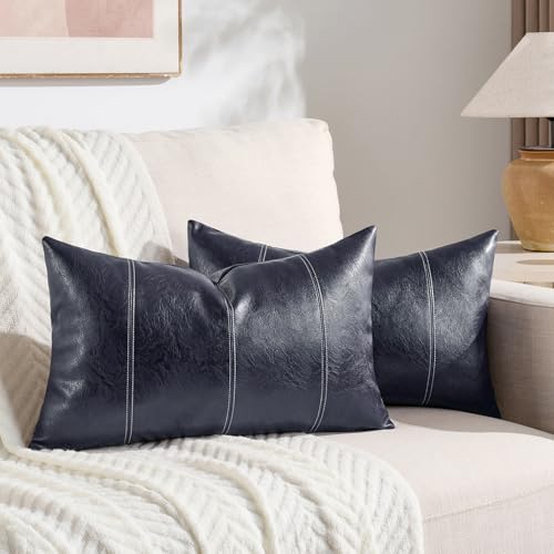 Fancy Homi 2 Packs Navy Blue Long Lumbar Faux Leather Decorative Throw Pillow Covers 12x24 Inch for Outdoor Couch Bed, Modern Farmhouse Boho Home Decor, Blue Hand Stitched Cushion Case 30x60 cm