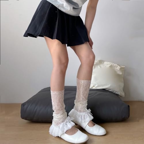 Image of SOLILOQUY Women Y2K Ruffle Lace Leg Warmer Kawaii Lolita Long Thigh High Socks Harajuku JK Tiered Sheer Tulle Boot Cuff Cover (B Apricot, One Size)