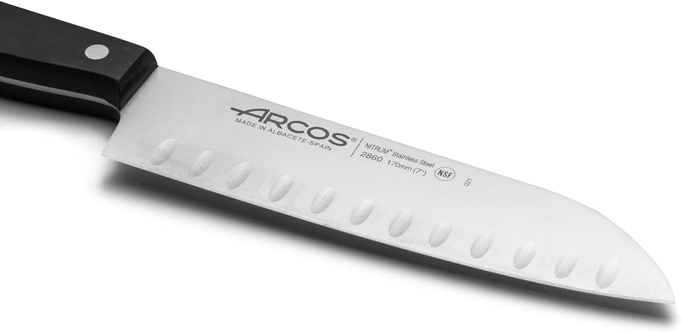 Arcos Santoku Knife 7 Inch Stainless Steel. Japanese Sharp Knife for Fish, Meat and Vegetables. Ergonomic Polyoxymethylene Handle and 170mm Blade. Series Universal. Color Black